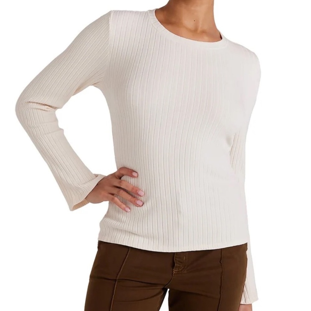 Bella Dahl Womens Medium Crew Cream Ribbed Long Bell Sleeve Crewneck Top